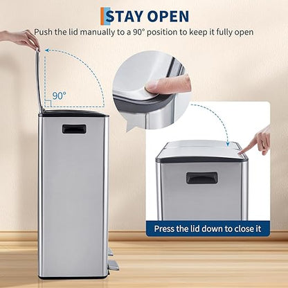 Takywep 2 x 8 Gal (2 x 30L) Kitchen Dual Trash Can, Stainless Steel Double Trash Can with 2 Removable Inner Buckets, Soft-Close Lid, Double Compartment Recycling Bin for Kitchen Home Office, Silver