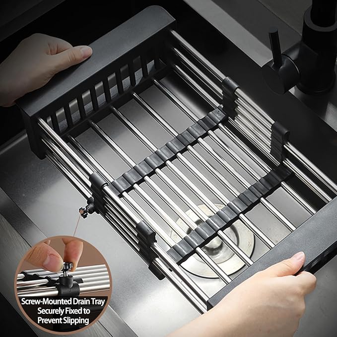 Dish Drying Rack, Adjustable Stainless Steel Drainer Basket Drain Tray for Dishes, Vegetables, and Fruit, On or in Sink Kitchen Basket (Black)