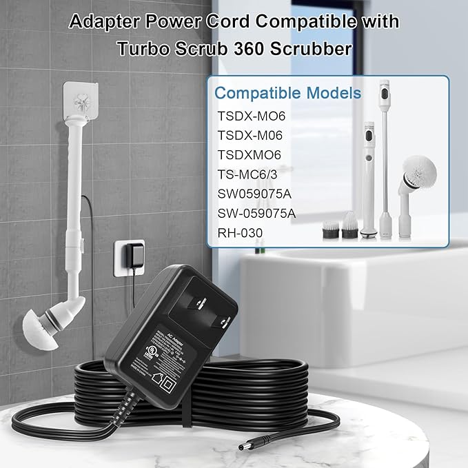 Power Cord for Turbo Scrub 360 Scrubber Brush Spin RH030 TSDX-MO6 TS-MC63 TSDX-M06 SW059075A AC Adapter Charger Power Supply with UL Listed