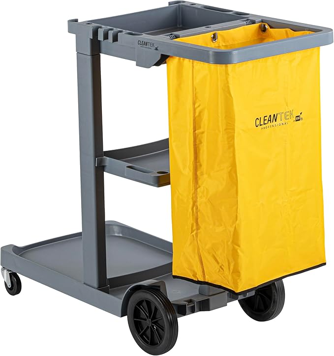 Restaurantware-Clean Tek Professional Janitor Cart with Wheels, 1 Cleaning Trolley with 18 Gallon Bag - 3 Shelves, Heavy-Duty, Gray Plastic Commercial Janitorial Cart, for Restaurants