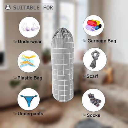 SYIPO Plastic Bag Holder, Wall Mount Organizer, Shopping Bags Carrier, Washable Large Grocery Storage Dispenser for Home Kitchen Travelling, Free Adjustment with Drawstring (Check Gray)
