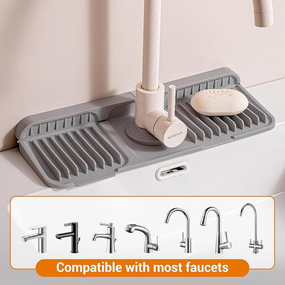 ZJWZLG Faucet Mat for Kitchen Sink, 14"X5.5" Silicone Sink Splash Guard with Soap Holder, Snap-On Design & 7°slope Fast Drain, Folding Sink Faucet Mat for Universal Kitchen Bathroom Sink（Grey）