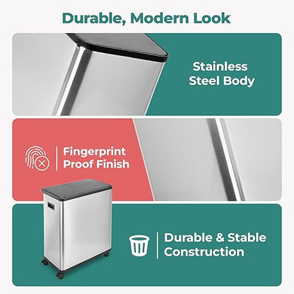 HOLDN’ STORAGE 60L Dual Kitchen Trash & Recycling Bin, Motion Sensor Opening, Soft-Close Lid, Removable Inner Buckets, Stainless Steel, 2 Trash Bag Rolls Included