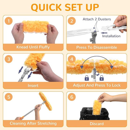 6 ft Heavy Duty Extendable Duster Handle with 50 Refills for Swiffer Duster, 360° Multi-Surface Dusters with 4X Cleaning Power for Home, Ceiling Fans, Windows, Dusting Hard-to-Reach Areas (Orange)