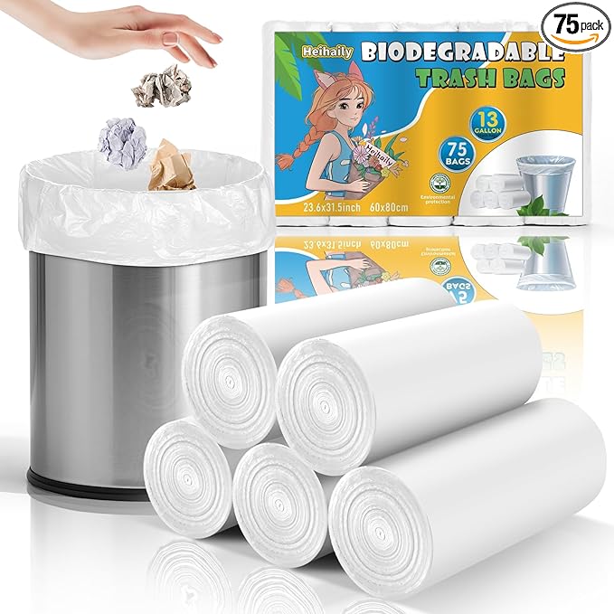 Compostable Recycle Bags 13-Gallon White - Heihaily Bulk 75 Count Unscented Large Trash Can Bin Liners Biodegradable Heavy Duty Tall Kitchen Garbage Bags for Home & Office