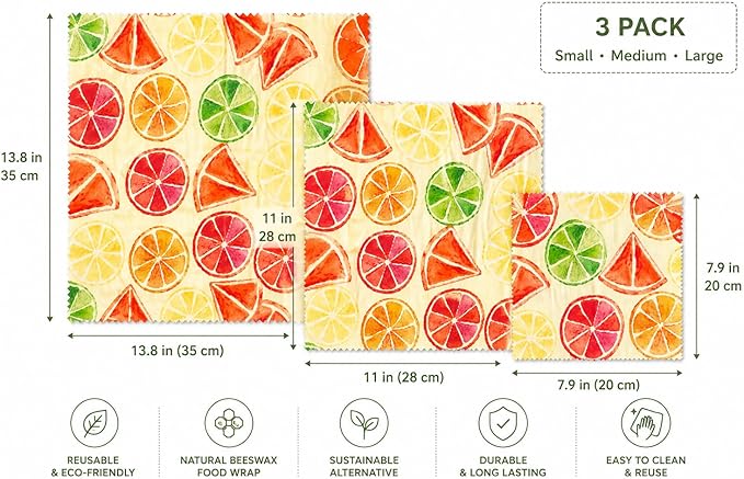 Beeswax Food Wraps – 3 Pack (Small, Medium & Large)