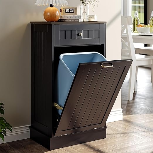 LOUVIXA Tilt Out Trash Can Cabinet, Hidden Trash Cabinet with Drawer, Wooden Dog Proof Trash Can Holder, Tilt Out Laundry Hamper, Garbage Can Holder (Black)