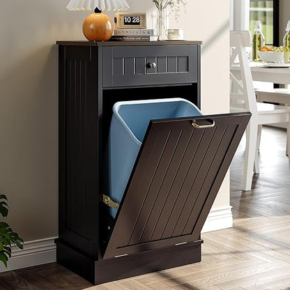 LOUVIXA Tilt Out Trash Can Cabinet, Hidden Trash Cabinet with Drawer, Wooden Dog Proof Trash Can Holder, Tilt Out Laundry Hamper, Garbage Can Holder (Black)