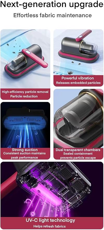 Mattress Fabric Cleaner - UV-C Light Refreshment & 8000Pa Cyclonic Suction, Quiet Cordless Handheld for Mattress, Sofa, Car