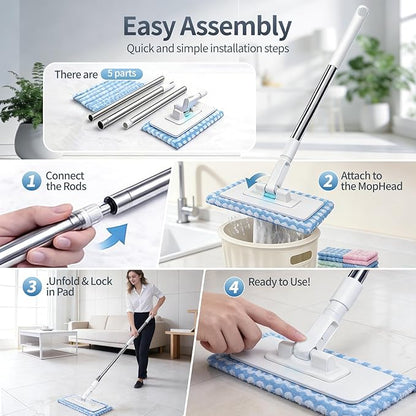 Snap Grip Mini Mop with Cloth Changing, Lazy with Automatic Gripping, Convenient Zero-Touch Set, Portable Self-Squeeze, Small, Easy Cleaning for Home (with 5 Reusable Cloths) (1*mop+5*Cloth)
