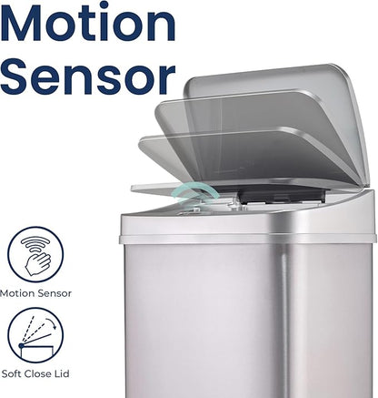 Ninestars 13 Gallon Automatic Trash Can, 50L Touchless Motion Sensor Garbage Can with Odor-Sealing Lid, Rectangular Stainless Steel, Silver Trim
