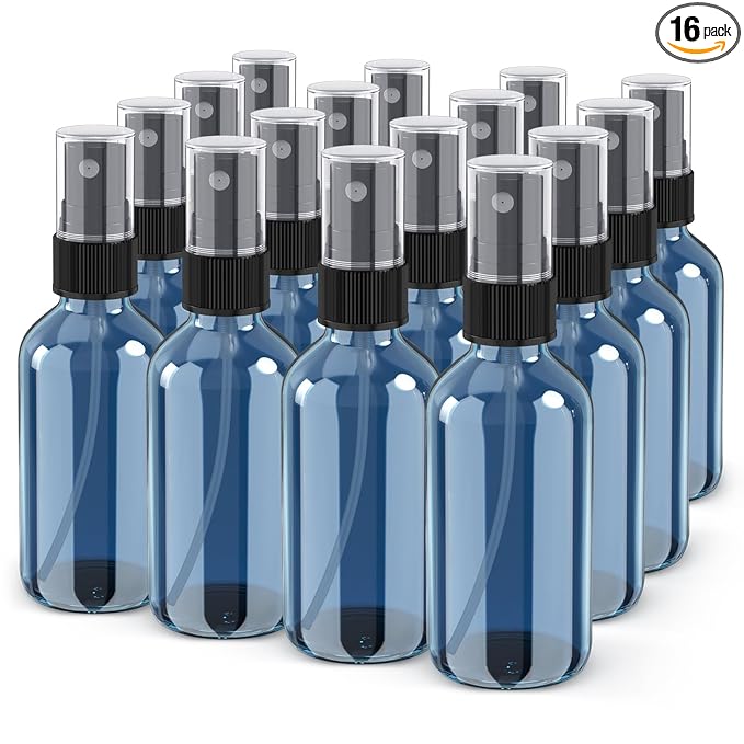 Wedama Spray Bottle, 4 oz Fine Mist Glass Spray Bottles, Little Refillable Liquid Containers for Watering Flowers Cleaning (16 Pack Indigo Blue)