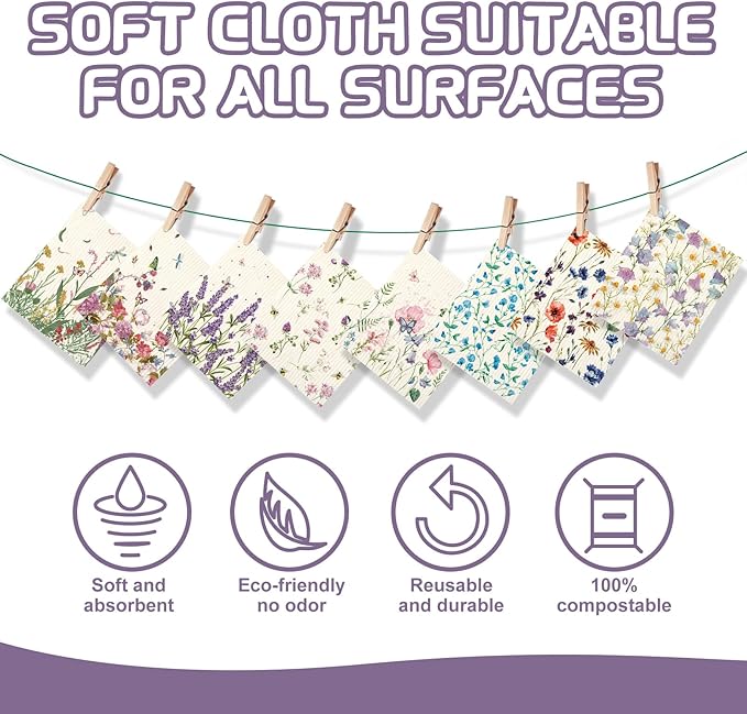 Vesici 8 Pieces Wildflowers Swedish Kitchen Dishcloths - Butterflies and Flowers Towels Set Absorbent Dish Cleaning Cloths Reusable Sponge Quick Drying Dishcloths for Home Kitchen Cleaning