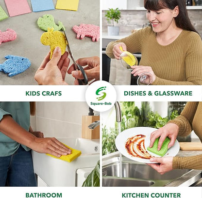 Compressed Non-Scratch Kitchen Sponges - Highly Absorbent for Dishes, Countertop, Sink, Car - Biodegradable, Quick Drying Cellulose Sponges - Assorted Colors (Pack of 6)