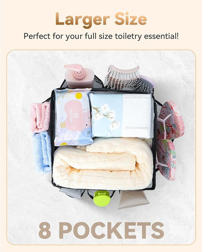 Temede Mesh Shower Caddy Tote, Large Shower Caddy Basket Portable, Quick Dry Hanging Toiletry Bag, 8 Storage Pocket Bath Organizer for College Dorm, Gym, Camp, Travel (Pink)