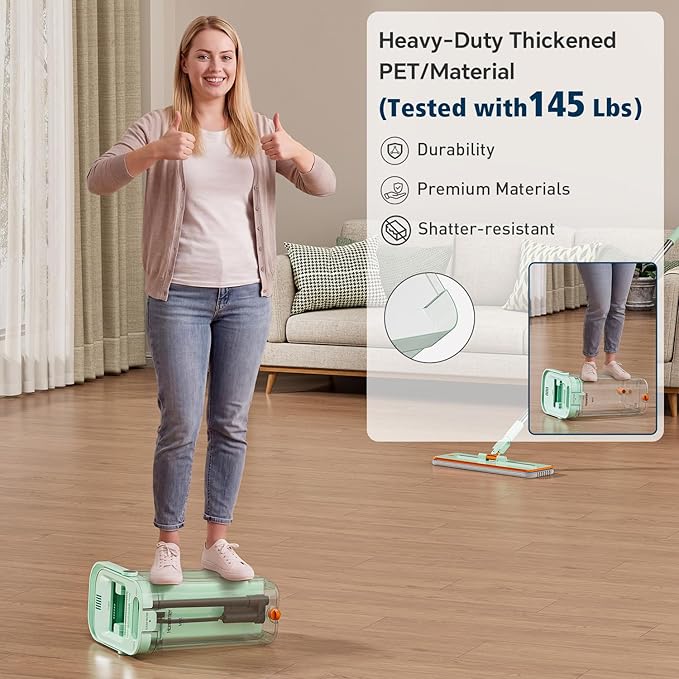 HoMettler 3-Tank Transparent Mop and Bucket Set with Separate Dirty & Clean Water, 65" Flat Mop for Floor Cleaning, 4 Machine Washable Microfiber Pads for Wood Tile - Green