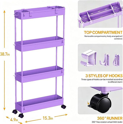 SPACELEAD Slim Storage Cart 3 Tier,Bathroom Organizer Rolling Utility,Mobile Shelving Unit Slide Out for Office, Kitchen, Laundry Room & Narrow Places,Purple