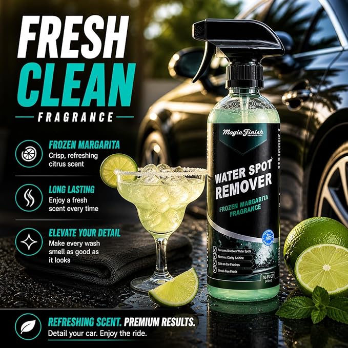 Magic Finish Water Spot Remover for Cars – Professional Hard Water Stain & Mineral Deposit Remover for Paint, Chrome & Wheels – Restores Shine & Gloss – Frozen Margarita Scent – 16oz