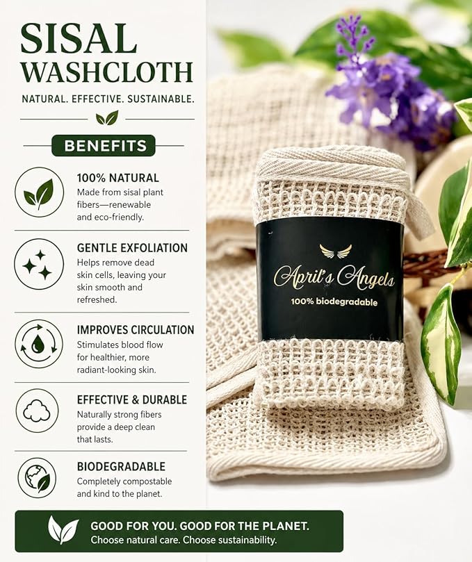 100% Natural Sisal Washcloth. Gentle Exfoliation for Smoother Skin. Durable & Reusable for Face & Body. 100% Biodegradable. Removes Dead Skin Cells and Dirt (3 Pcs)
