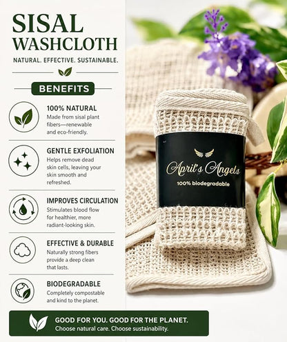 100% Natural Sisal Washcloth. Gentle Exfoliation for Smoother Skin. Durable & Reusable for Face & Body. 100% Biodegradable. Removes Dead Skin Cells and Dirt (3 Pcs)