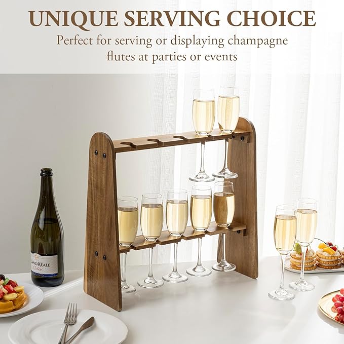MyGift 2 Tier Champage Glass Holder, Cocktail Tree Stand for Drinks, Tabletop Wine Beer Flute Rack Party Stemware Hanging Display, 10 Slots for 9 Inch Glasses, Rustic Premium Solid Acacia Wood