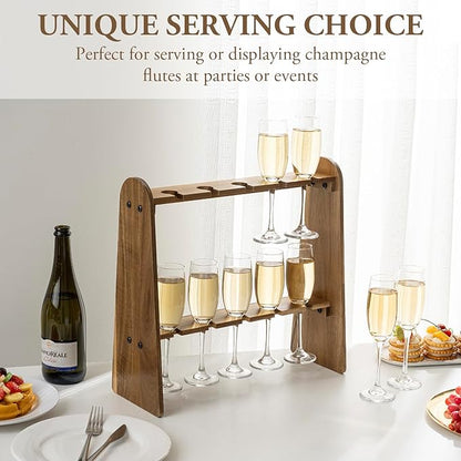 MyGift 2 Tier Champage Glass Holder, Cocktail Tree Stand for Drinks, Tabletop Wine Beer Flute Rack Party Stemware Hanging Display, 10 Slots for 9 Inch Glasses, Rustic Premium Solid Acacia Wood
