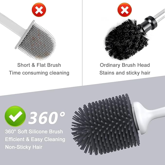 Lefree Toilet Brush Set, 3 Pack Silicone Toilet Bowl Brush and Holder with Ventilated Holder, for Bathroom Floor Standing & Wall Mounted Scrubber