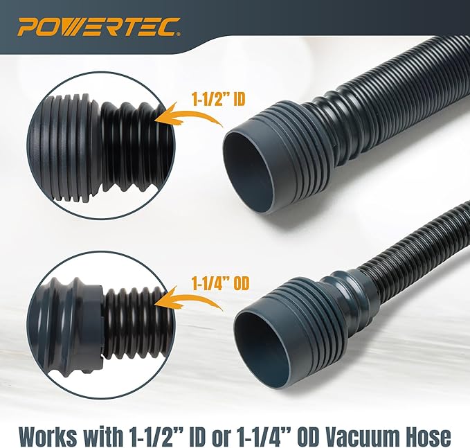 POWERTEC 70511 10 Ft. Vacuum Hose Dust Collection Kit w/ 2 Fittings, Tapered Reducers and Quick Connect Dust Port Adapter for Woodworking Power Tools, Wet/Dry Work Shop Vacuums, Miter Saw, Table Saw