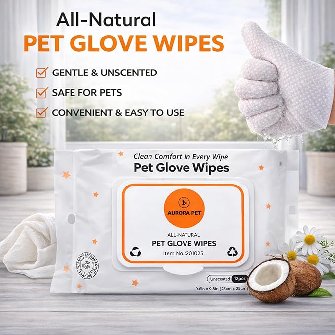 Aurora Pet Glove Wipes for Dogs & Cats, Wearable No-Rinse Grooming Glove Wipes for Paws, Face, Ears & Body, Hypoallergenic Disposable Pet Cleaning Wipes, Unscented, 12 Count