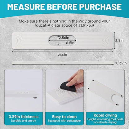 Stone Faucet Mat for Kitchen Sink with Oval Hole – 23.6" × 3.9" Diatomite Drying Stone Mat & Sink Protector, Quick-Dry Splash Guard Water-Absorbing Tray for Bathroom Counter（White.23.6 x 3.9）