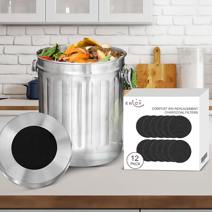 ENLOY Compost Bin & 12 Pack Compost Bin Filters Extra Thick Activated Carbon, Stainless Steel Indoor Compost Bucket with Carrying Handle 1.3 Gallon, Odor Absorbing Charcoal Filters 7.2 Inch