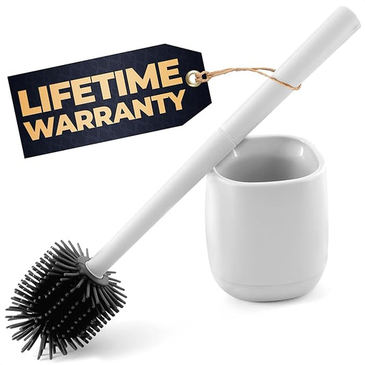 Toilet Brush and Holder Set - Silicone Toilet Bowl Brush with White Holder Base, Compact Bath Accessory for Small Spaces - Easy to Place and Simple to Store After Use, Plastic Bathroom Cleaning Tool