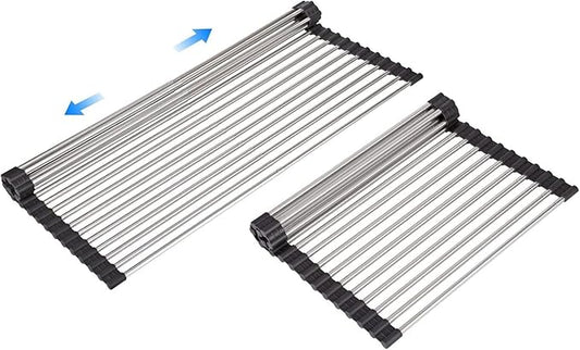 Large Telescopic Drain Rack Roll Up Rack Heat-Resistant Dish Drainer Kitchen Sink Rack Over the Sink Dish Drying Rack Stainless Steel Dish Rack (18 Tube 21.25''x12.79'')