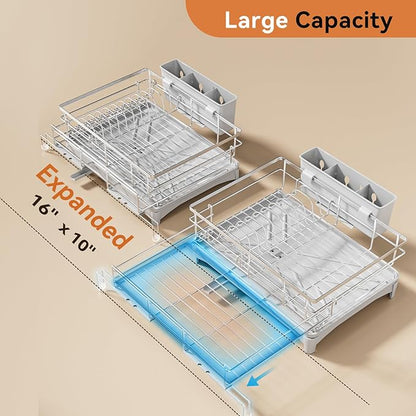 Laveshop Dish Drying Rack, 304 Stainless Steel Expandable Dish Drainer for Kitchen Counter, Space-Saving with Utensil Holder, Gray
