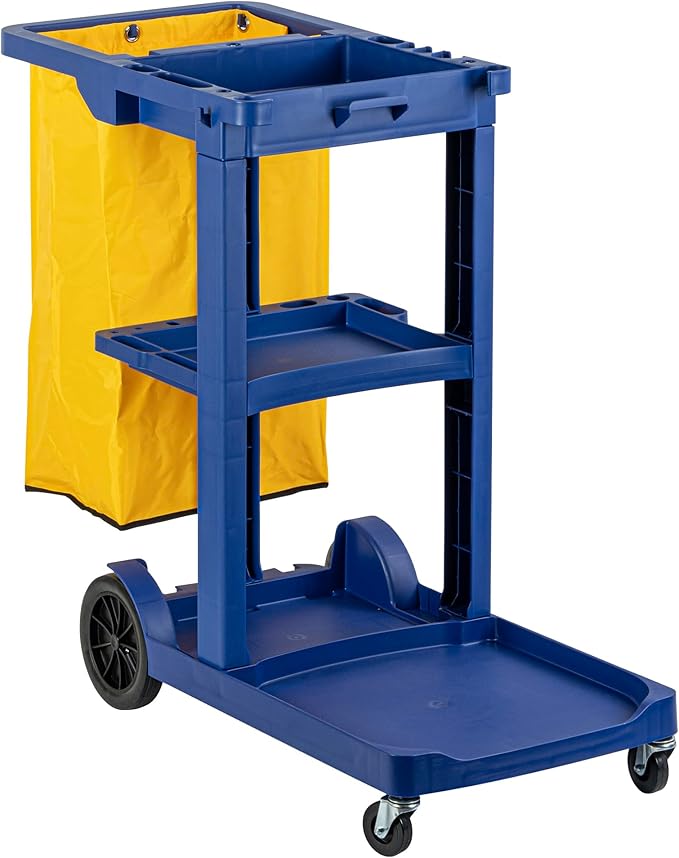 Restaurantware-Clean Tek Professional Janitor Cart with Wheels, 1 Cleaning Trolley with 18 Gallon Bag - 3 Shelves, Heavy-Duty, Blue Plastic Commercial Janitorial Cart, for Restaurants