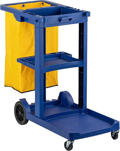 Restaurantware-Clean Tek Professional Janitor Cart with Wheels, 1 Cleaning Trolley with 18 Gallon Bag - 3 Shelves, Heavy-Duty, Blue Plastic Commercial Janitorial Cart, for Restaurants