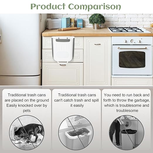 Collapsible Hanging Trash Can, Compost Bin Kitchen with 60pcs of Garbage Bags, 2.6 Gallon Plastic Folding Garbage Bin for Cabinet, RV, Camping, Bedroom