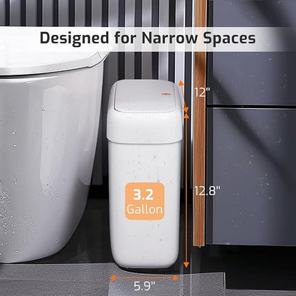 MOPALL Small Bathroom Trash Can with Lid, 3.2 Gallon / 11.5 L Slim Plastic Garbage Bin with Pop-Up Lid, Mini Waste Basket Can Dog Proof for Kitchen, Bedroom, Office, Laundry, Toilet, Rv, White