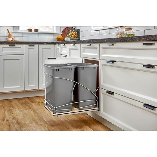 Rev-A-Shelf 35 Qt / 8.75 Gal Steel Bottom Mount Double Pullout Waste Container w/Soft-Close for Base Cabinets, Min Opening Width of 14.5", Silver, 54WC-1835SC-17-1