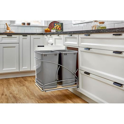 Rev-A-Shelf 35 Qt / 8.75 Gal Steel Bottom Mount Double Pullout Waste Container w/Soft-Close for Base Cabinets, Min Opening Width of 14.5", Silver, 54WC-1835SC-17-1