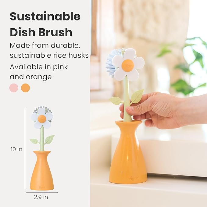 Vigar Florganic Dish Brush with Holder - Dish Scrubber with Handle for Dishes, Kitchen Sink Cleaning Brush, Pot Scrubber, Kitchen Scrub Brush, Dishwashing Brush Tool for Sink Cleaning - Orange