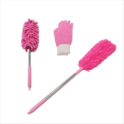 4 Piece Dusting Set – Pink Microfiber Cleaning Kit with 2 Dusting Gloves, Extendable Feather Duster (98"), and Dusting Wand (30") for High Ceilings, Blinds & Furniture