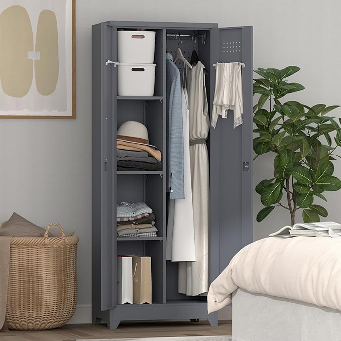 65" H Metal Garage Storage Cabinet,Broom Closet Storage Cabinet with Adjust Shelves,Utility Cabinet,Utility Closet for Garage,Gray