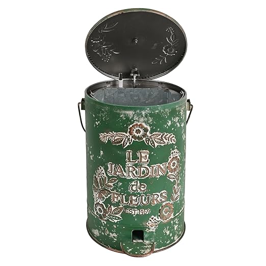 Rustic Farmhouse Decor Trash Can with Lid and Pedal Retro Handmade Distressed Design Pattern Round Garbage Cans Recycling Waste Bin for Home Patio Yard Bathroom Kitchen Garden Living Room Green