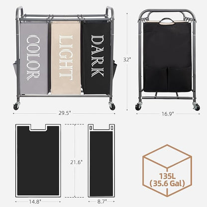 STORAGE MANIAC 3 Section Laundry Sorter, 35.9 Gal (136 L) Laundry Hamper Cart with Heavy Duty Rolling Lockable Wheel and Removable Bag, Clothes Organizer Basket Clothes Separator Hamper, Multicolored