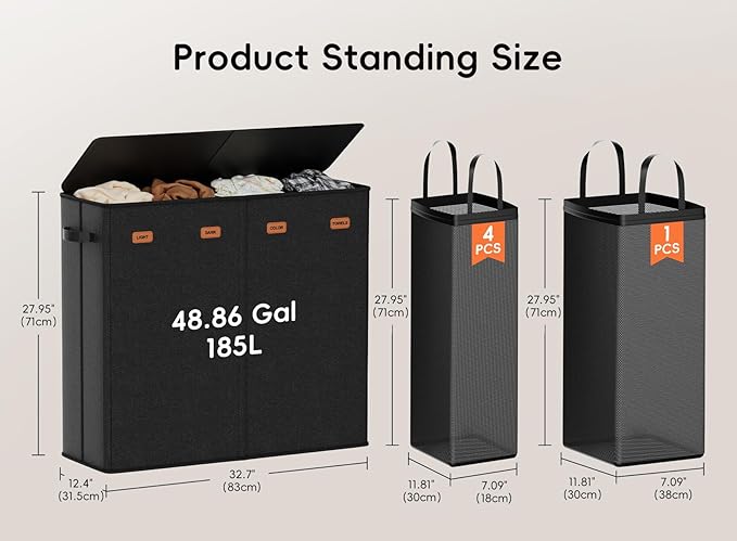 Laundry Hamper 4-Section with Lid, 185L Laundry Sorter with 4 Removable Bags + 1 Extra Large Bag, Switchable 3/4 Compartment, Laundry Basket Organizer for Bedroom, Laundry Room，Black