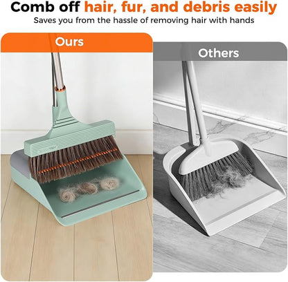 Broom and Dustpan Set with Adjustable Handle, Upright Design, Built-in Comb Teeth, Mint Green, for Home Office Hardwood Floors Pet Hair (Green/Gray)