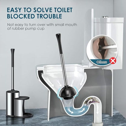 HAMITOR Toilet Plunger Bowl Brush Set: Hideaway Heavy Duty Toilet Plunger Scrubber Cleaner Holder Combo for Bathroom with Covered Caddy Hidden Elongated Discreet Apartment Plunger Brush Accessories