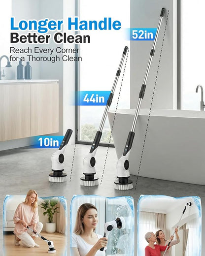 Electric Spin Scrubber, 3-Speed Cordless Shower Scrubber with 90° Adjustable & 10 Replaceable Brush Heads, 90 Mins Runtime & Full-Body IPX7 Waterproof Shower Cleaner Brush with Long Handle