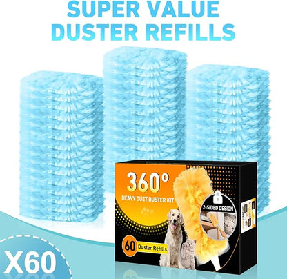 60 Count Heavy Duty Duster Refills for Swiffer, Multisurface 360° Larger Size Dusters with 4X Cleaning Power, Disposable Dusters for Pet, Cleaning Home, Blinds, Fans, Corners (60 pcs-Blue)